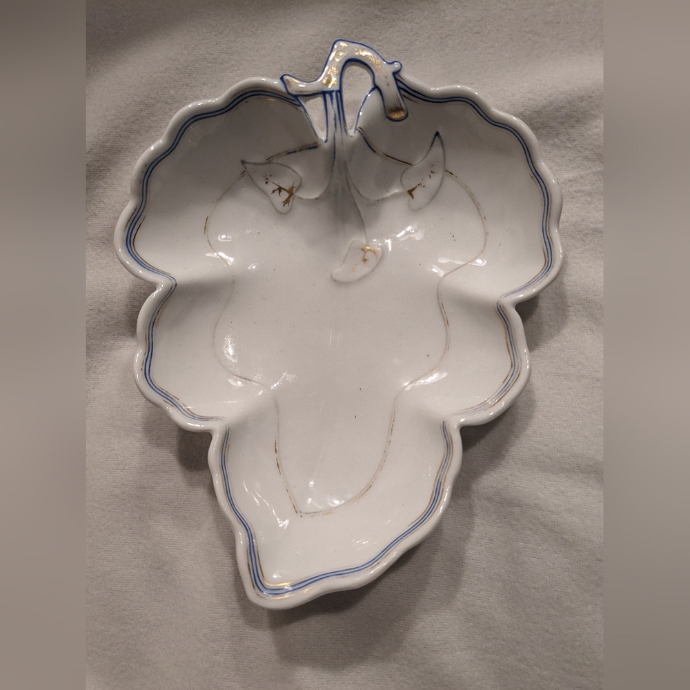 Vintage Leaf Shaped White Porcelain Pottery Dish Candy Fruit Serving Plate  Bowl